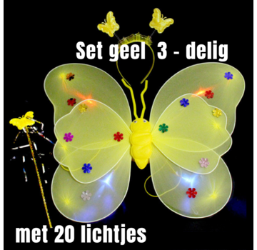 Allernieuwste.nl® 3-Delige SET GELE Lichtgevende Vlinder Vleugeltjes + 20 Gekleurde Lampjes + Diadeem + Toverstaf