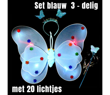 Allernieuwste.nl® 3-Delige SET BLAUWE Lichtgevende Vlinder Vleugeltjes + 20 Gekleurde Lampjes + Diadeem + Toverstaf