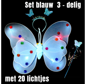 Allernieuwste.nl® 3-Delige SET BLAUWE Lichtgevende Vlinder Vleugeltjes + 20 Gekleurde Lampjes + Diadeem + Toverstaf