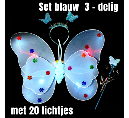 Allernieuwste.nl® Allernieuwste.nl® 3-Delige SET Lichtgevende Vlinder Vleugeltjes met 20 Gekleurde Lampjes - Vlindervleugels + Diadeem + Toverstaf voor Meisjes- 35 x 48 cm Blauw