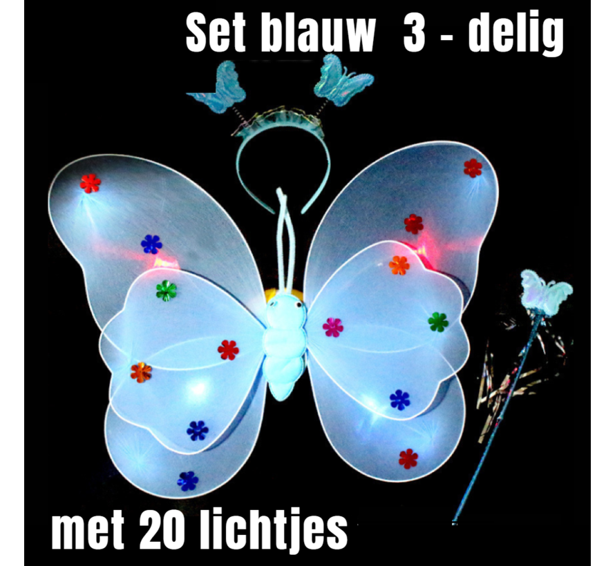 Allernieuwste.nl® 3-Delige SET Lichtgevende Vlinder Vleugeltjes met 20 Gekleurde Lampjes - Vlindervleugels + Diadeem + Toverstaf voor Meisjes- 35 x 48 cm Blauw