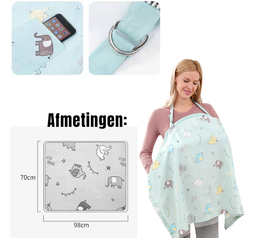Borstvoedingsdoek GROENE OLIFANT - Afschermdoek - Borstvoeding Doek - Tissu d'allaitement - Borstvoedingsschort met zakje - Privacy - Groene Olifantjes