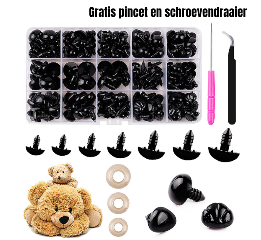 Allernieuwste.nl® Set 400 st Veiligheids Ogen en Neuzen voor Knuffels en Beren - Veiligheidsogen met Sluitringen - 400 pièces Yeux et nez de sécurité pour peluches et oursons - Neus en Oog voor Speelgoed - 400-Delig