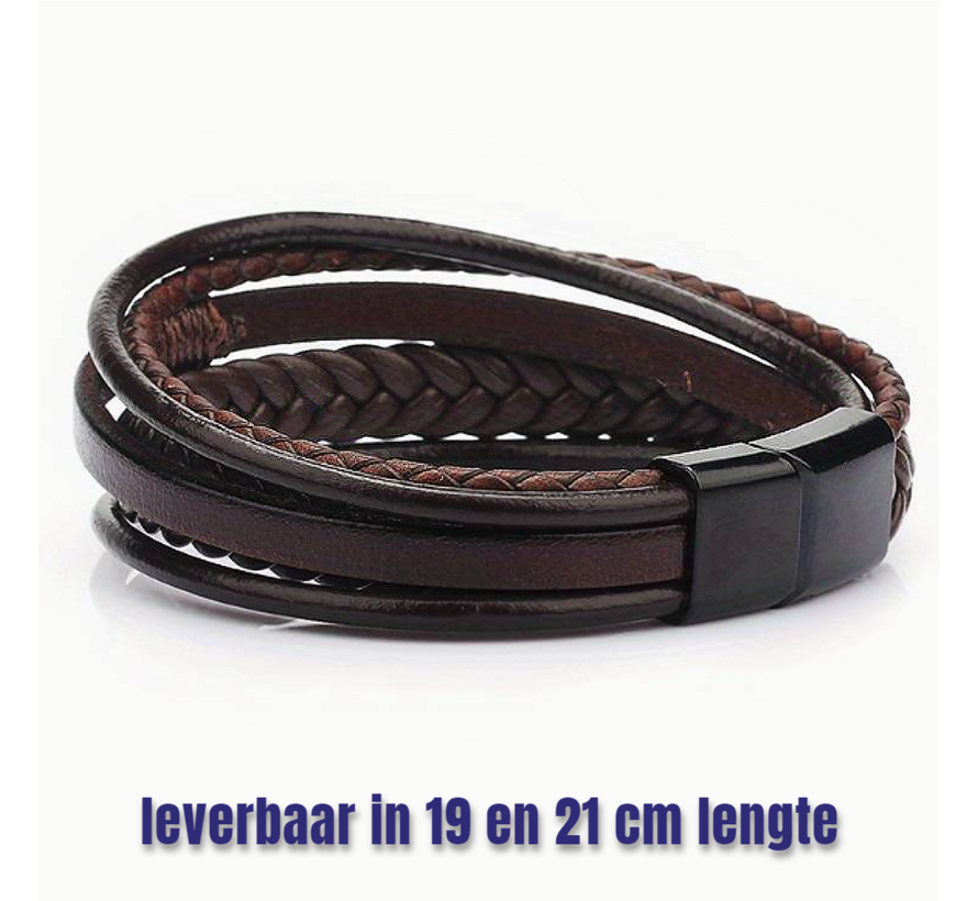LaGloss® 5-delige Multi Layer Heren Mode Armband - 21 cm Bruin Zwarte Sluiting %%