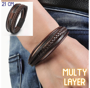 LaGloss® 5-delige Multi Layer Heren Mode Armband - 21 cm Bruin + Zwarte Sluiting