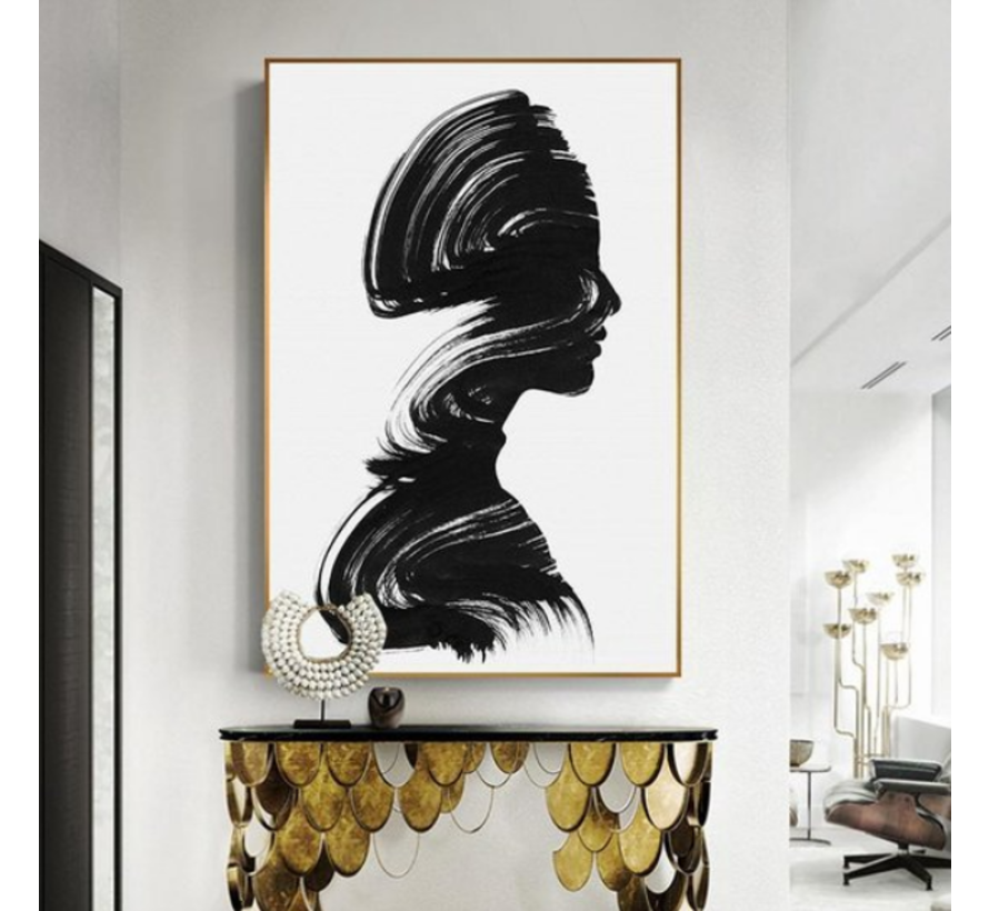 Allernieuwste.nl® Canvas Schilderij * Silhouette Meisje Abstract in Zwart Wit * - Kunst aan je Muur - Modern Abstract - zwartwit - 60 x 90 cm