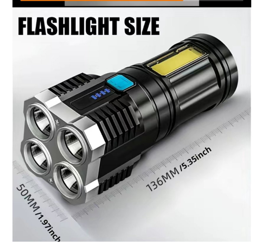 Waterdichte zaklamp met 4 LED lichten, groot bereik, oplaadbaar via USB, met extra zijlicht %%