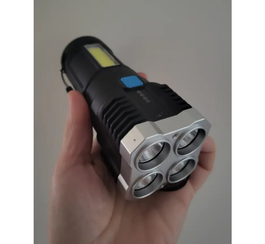 Waterdichte zaklamp met 4 LED lichten, groot bereik, oplaadbaar via USB, met extra zijlicht %%