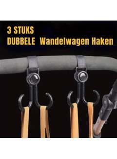 Allernieuwste.nl® 3 STUKS DUBBELE  Wandelwagen Haken - Zwart