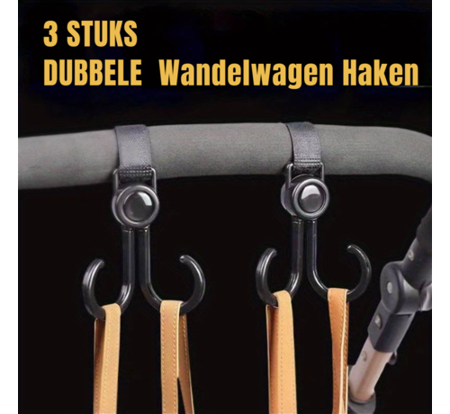 Allernieuwste.nl® 3 STUKS DUBBELE  Wandelwagen Haken Kinderwagen Buggy Winkelwagen Autosteun Haak - Draaibaar Ophang Haak Wandelwagenhaak Crochets de Poussette - Zwart 3 STUKS %%