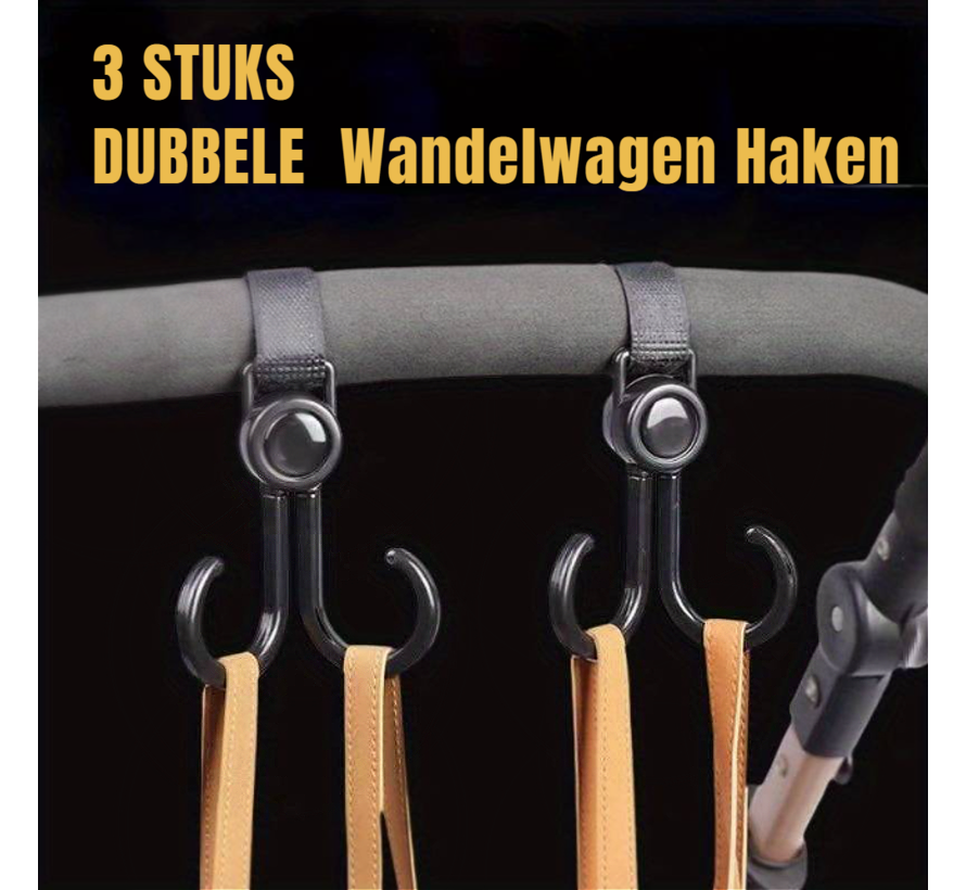 3 STUKS DUBBELE  Wandelwagen Haken Kinderwagen Buggy Winkelwagen Autosteun Haak - Draaibaar Ophang Haak Wandelwagenhaak Crochets de Poussette - Zwart 3 STUKS %%