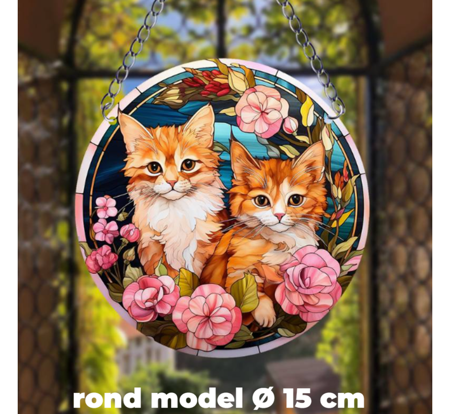 Raamhanger Raamdecoratie Katjes Kittens Poes - Kleurige Zonnevanger Rond Acryl met Ketting - Suncatcher Rond model 15 cm %%