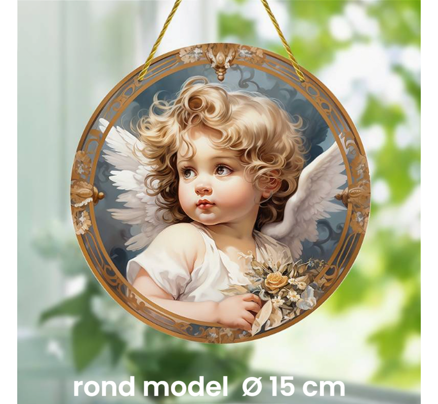 Raamhanger Raamdecoratie Kleine Engel - Kleurige Zonnevanger Rond Acryl met Touw - Suncatcher Rond model 15 cm  %%