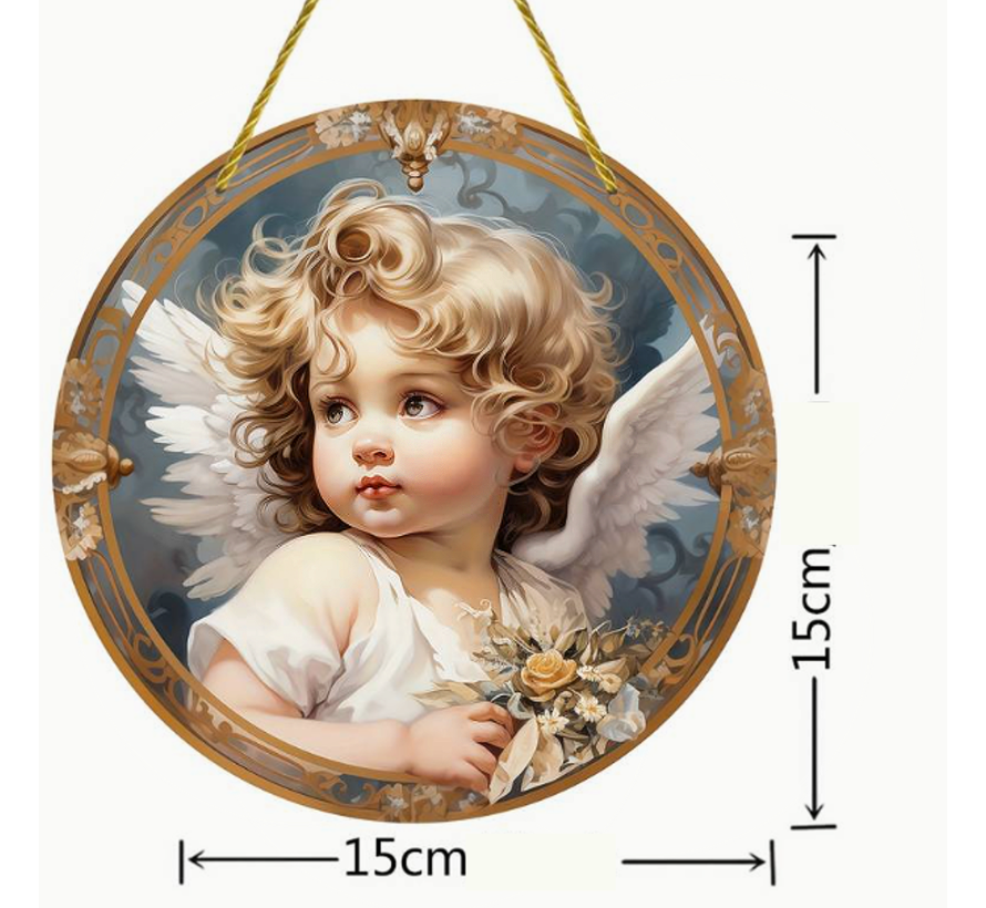 Raamhanger Raamdecoratie Kleine Engel - Kleurige Zonnevanger Rond Acryl met Ketting - Suncatcher Rond model 15 cm  %%