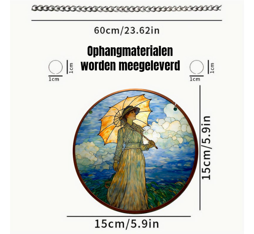 Raamhanger Raamdecoratie Claude Monet Vrouw met Parasol - Kleurige Zonnevanger Rond Acryl met Ketting - Suncatcher Rond model 15 cm  %%