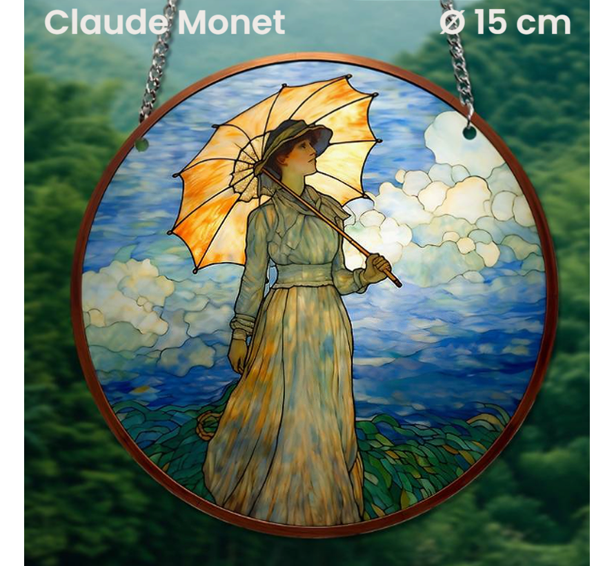 Raamhanger Raamdecoratie Claude Monet Vrouw met Parasol - Kleurige Zonnevanger Rond Acryl met Ketting - Suncatcher Rond model 15 cm  %%