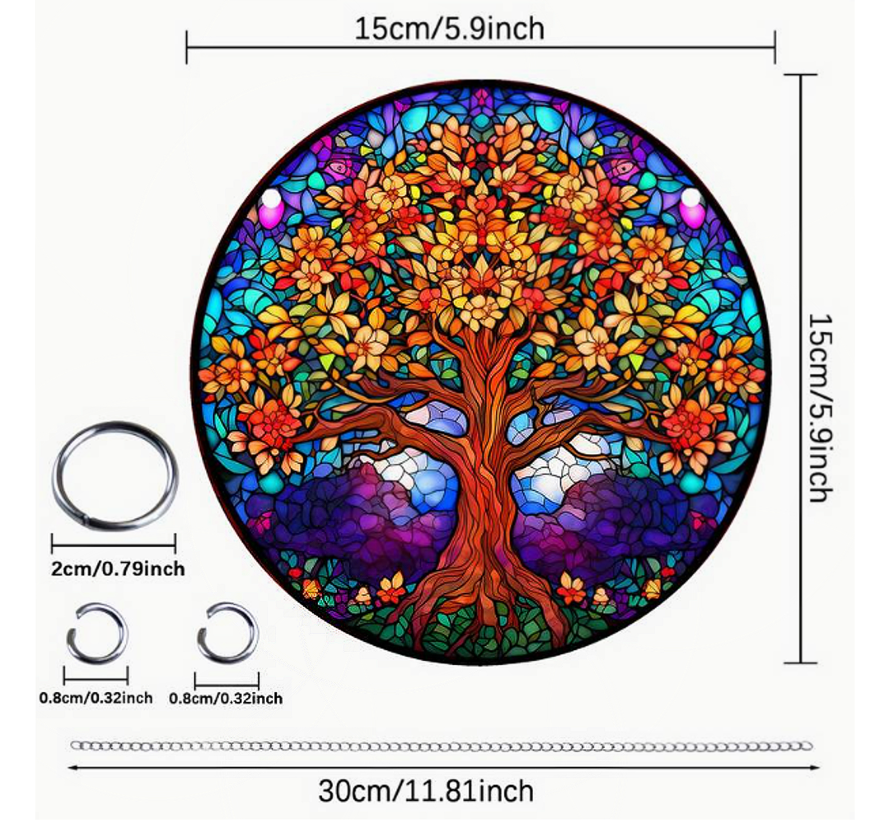 Raamhanger Raamdecoratie Levensboom - Kleurige Zonnevanger Rond Acryl met Ketting - Suncatcher Rond model 15 cm  %%