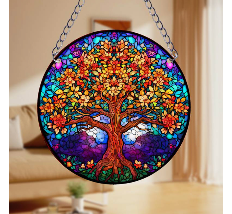 Raamhanger Raamdecoratie Levensboom - Kleurige Zonnevanger Rond Acryl met Ketting - Suncatcher Rond model 15 cm  %%