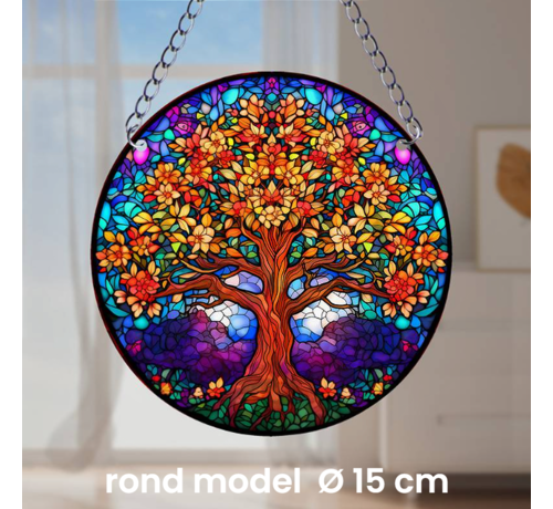 Allernieuwste.nl® Raamhanger Raamdecoratie Levensboom - Kleurige Zonnevanger Rond Acryl met Ketting - Suncatcher Rond model 15 cm  %%