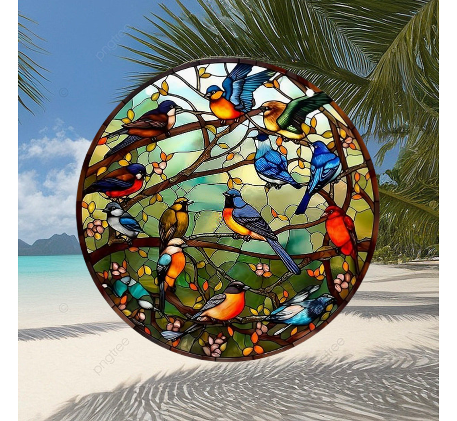 Raamhanger Raamdecoratie Vogelpracht Tropische Vogels - Kleurige Zonnevanger Rond Acryl met Ketting - Suncatcher Rond model 15 cm %%