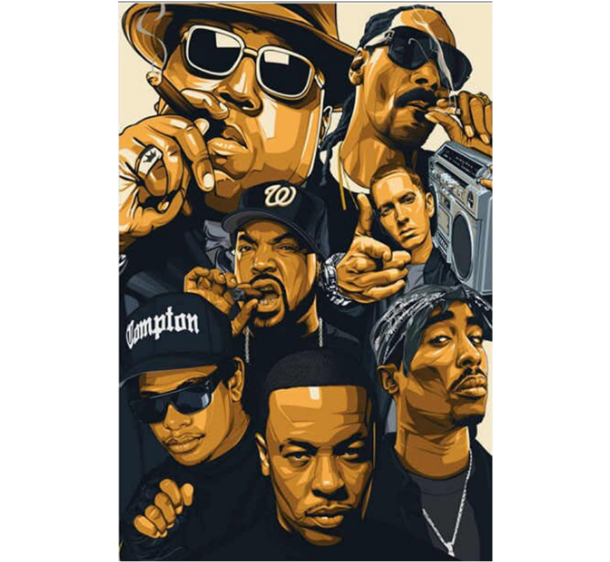 Allernieuwste.nl® Canvas Schilderij Hip Hop Legends 2PAC, Dr Dre, Snoop Dogg, Emenim, Biggie, Tupac, Ice Cube - zonder handtekeningen - Muziek old school - Poster - 100 x 150 cm - Kleur