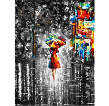 Allernieuwste.nl® Canvas Schilderij * Vrouw met Paraplu in Regenachtige Nacht * - Modern Realistisch - Kleur - 50 x 70 cm