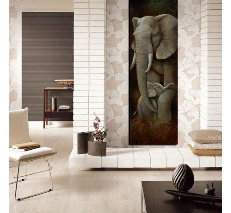 Allernieuwste.nl® Canvas Schilderij * Olifant met Kalfje * - Kunst aan je Muur - Realistisch - kleur - 40 x 120 cm