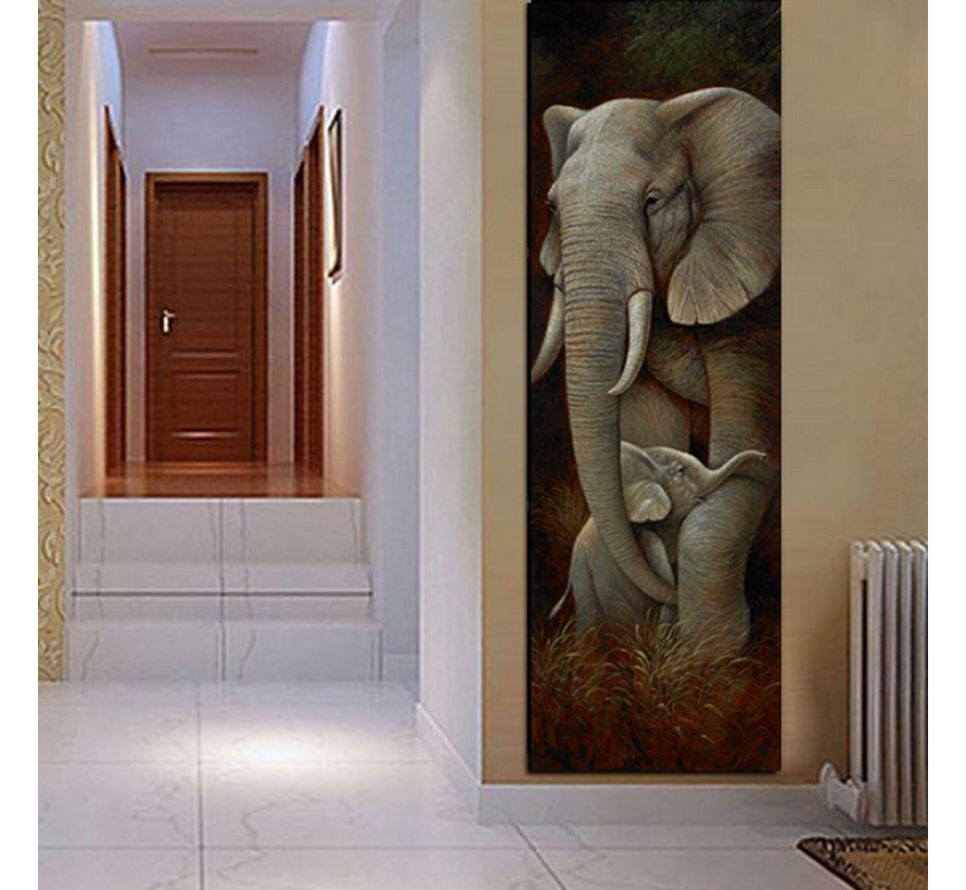 Allernieuwste.nl® Canvas Schilderij * Olifant met Kalfje * - Kunst aan je Muur - Realistisch - kleur - 40 x 120 cm