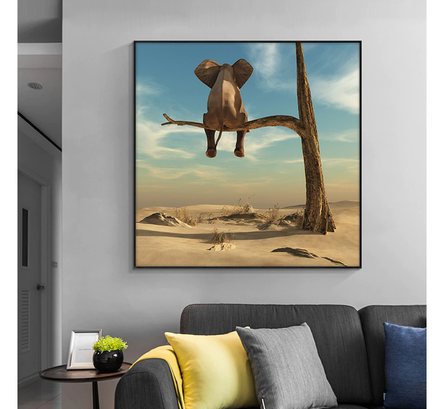 Allernieuwste.nl® Canvas Schilderij Kleine Olifant - Funny Little Elephant - 60 x 60 cm - Modern Abstract - Kleur