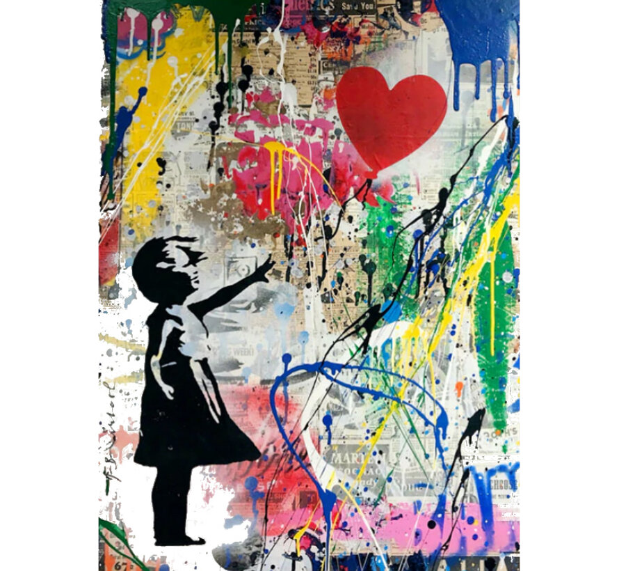 Allernieuwste.nl® Canvas Schilderij * Banksy Girl with Balloon Grafitti * - Graffiti Art - Kleur - 60 x 90 cm