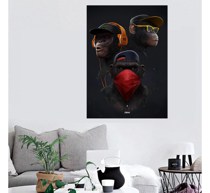 Allernieuwste.nl® Canvas Schilderij 3 Apen: Horen Zien Zwijgen GangsterArt - Modern Grafitti - Woonkamer - Poster - 70 x 100 cm - Kleur