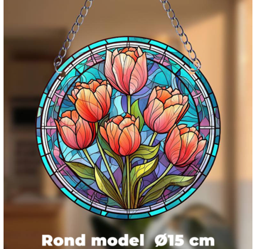 Allernieuwste.nl® Ronde Raamdecoratie Rode-Rose Tulpen met Ketting - 15 cm