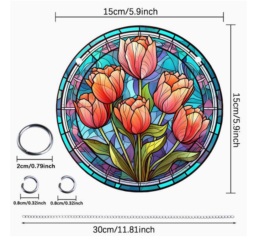 Raamhanger Raamdecoratie Rode-Rose Tulpen - Kleurige Zonnevanger Rond Acryl met Ketting - Bloemen - Suncatcher Rond model 15 cm %%