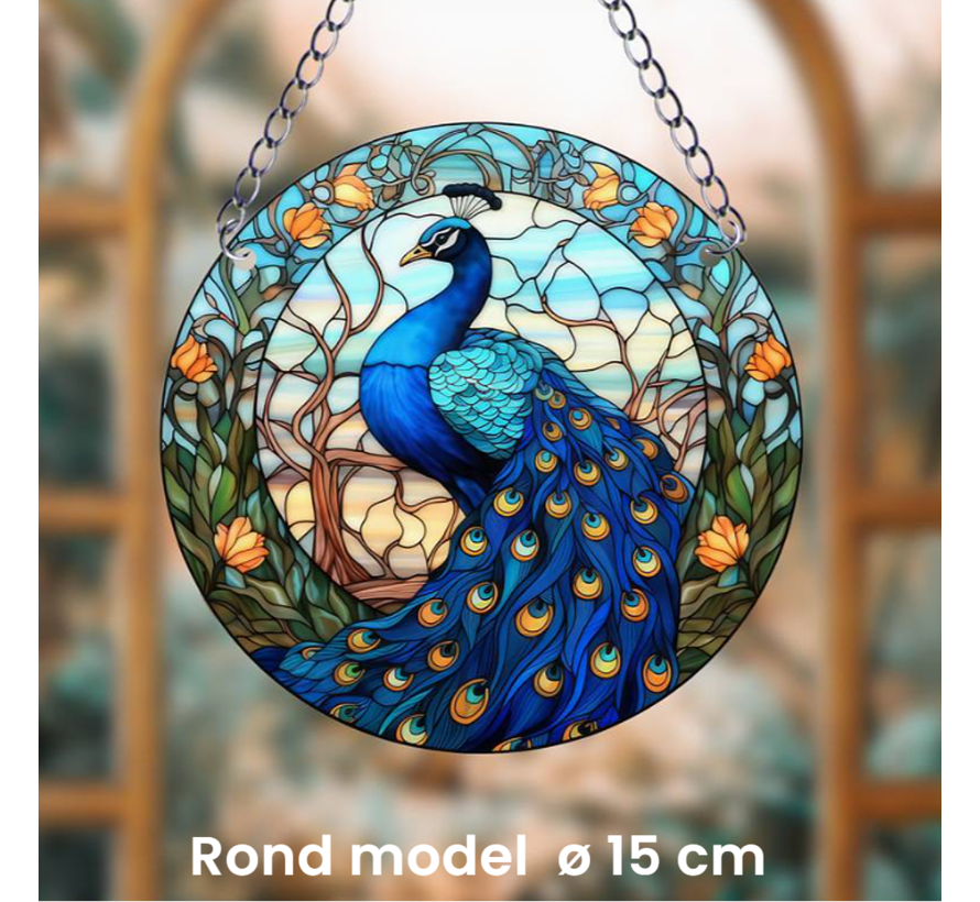 Raamhanger Raamdecoratie Pauw - Kleurige Zonnevanger Rond Acryl met Ketting - Dieren - Suncatcher Rond model 15 cm %%