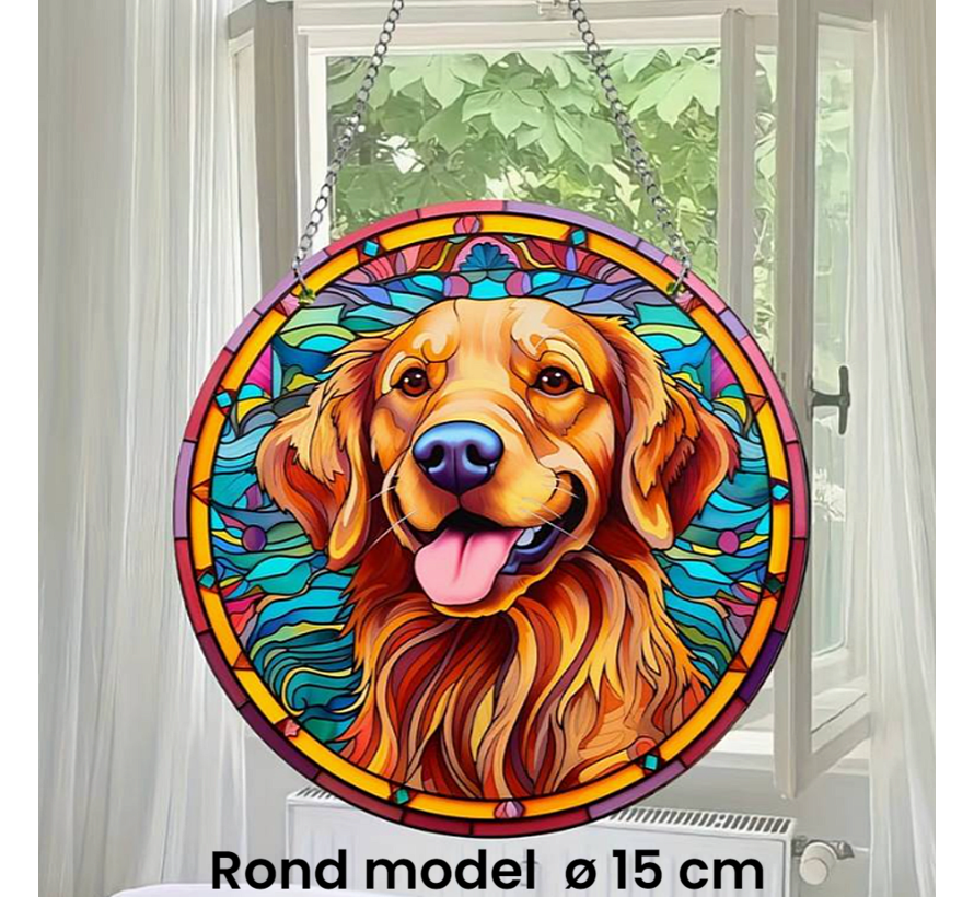 Raamhanger Raamdecoratie Golden Retriever 2 - Kleurige Zonnevanger Rond Acryl met Ketting - Honden - Suncatcher Rond model 15 cm %%