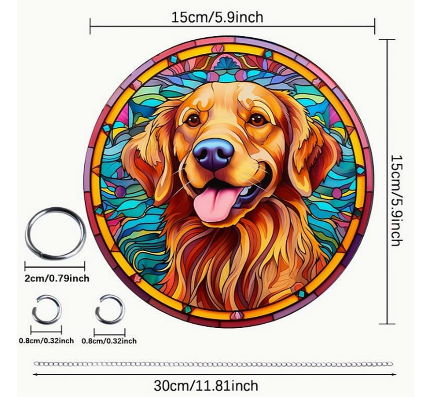 Raamhanger Raamdecoratie Golden Retriever 2 - Kleurige Zonnevanger Rond Acryl met Ketting - Honden - Suncatcher Rond model 15 cm %%