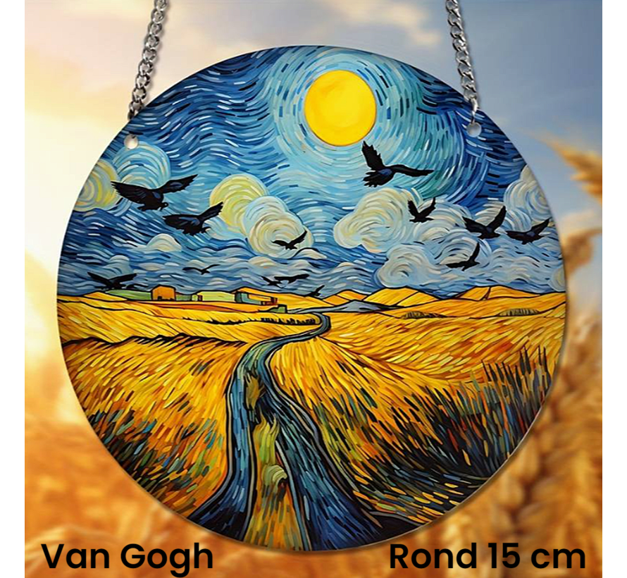 Raamhanger Raamdecoratie Van Gogh Korenveld - Kleurige Zonnevanger Rond Acryl met Ketting - Schilder - Suncatcher Rond model 15 cm %%