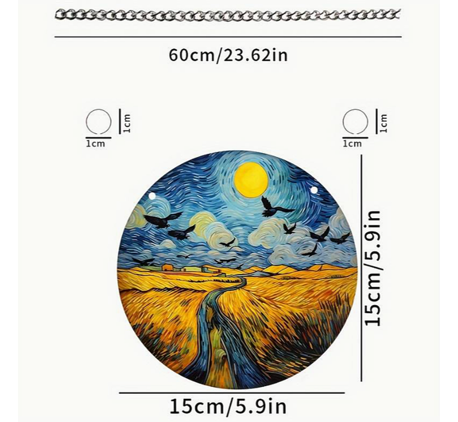 Raamhanger Raamdecoratie Van Gogh Korenveld - Kleurige Zonnevanger Rond Acryl met Ketting - Schilder - Suncatcher Rond model 15 cm %%