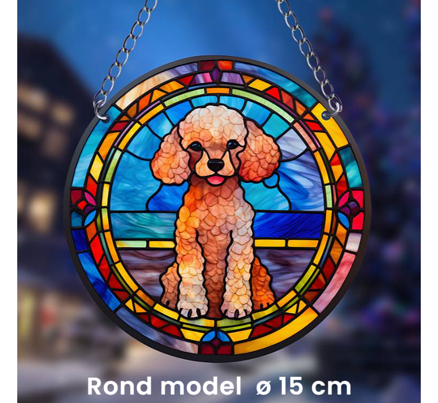 Raamhanger Raamdecoratie Poedel - Kleurige Zonnevanger Rond Acryl met Ketting - Honden - Suncatcher Rond model 15 cm %%