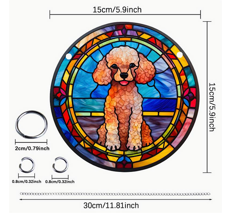 Raamhanger Raamdecoratie Poedel - Kleurige Zonnevanger Rond Acryl met Ketting - Honden - Suncatcher Rond model 15 cm %%