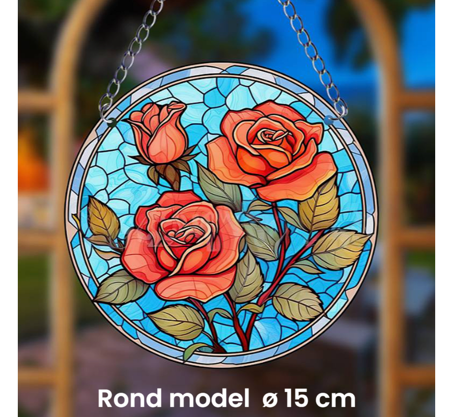 Raamhanger Raamdecoratie Rode Rozen - Kleurige Zonnevanger Rond Acryl met Ketting - Bloemen - Suncatcher Rond model 15 cm %%