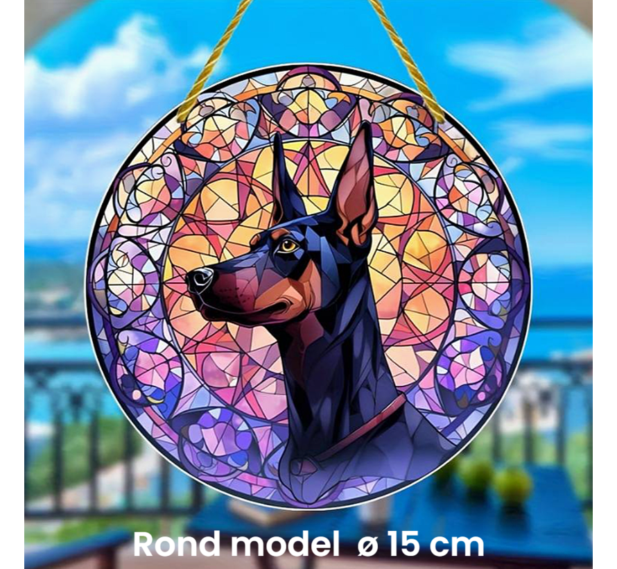 Raamhanger Raamdecoratie Dobermann - Kleurige Zonnevanger Rond Acryl met Ophangtouw - Honden - Glas in Lood Suncatcher Rond model 15 cm %%
