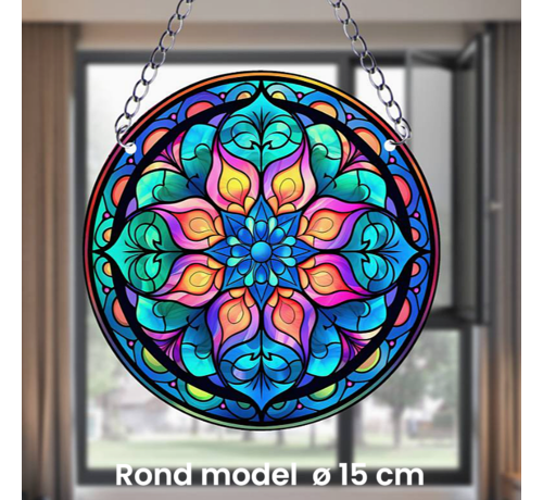 Allernieuwste.nl® Raamhanger Raamdecoratie Mandala Bloem - Kleurige Zonnevanger Rond Acryl met Ketting - Abstract - Suncatcher Rond model 15 cm %%*