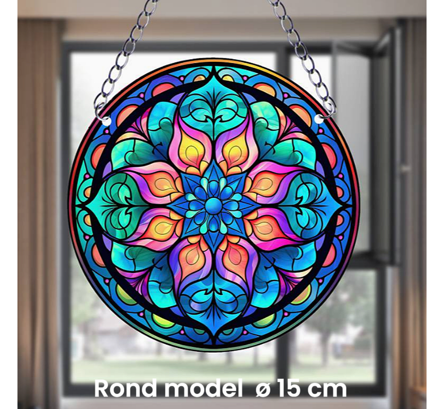 Raamhanger Raamdecoratie Mandala Bloem - Kleurige Zonnevanger Rond Acryl met Ketting - Abstract - Suncatcher Rond model 15 cm %%