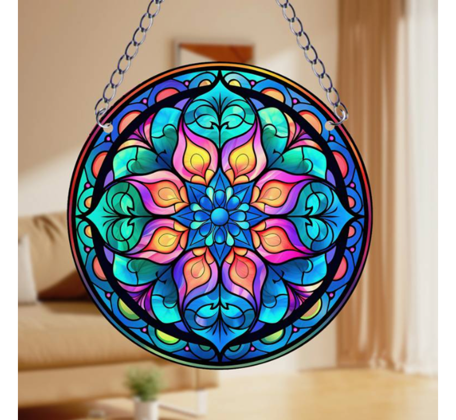 Raamhanger Raamdecoratie Mandala Bloem - Kleurige Zonnevanger Rond Acryl met Ketting - Abstract - Suncatcher Rond model 15 cm %%