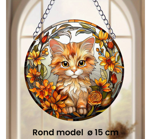 Allernieuwste.nl® Raamhanger Raamdecoratie Kleine Kitten - Kleurige Zonnevanger Rond Acryl met Ketting - Kat Poes - Suncatcher Rond model 15 cm %%