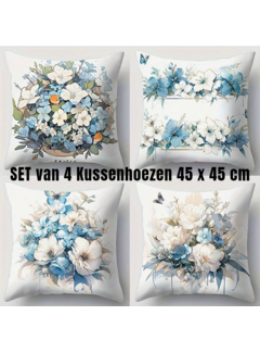 Allernieuwste.nl® 4 Stuks Kussenhoezen Blauwe Bloemen - 45 x 45 cm