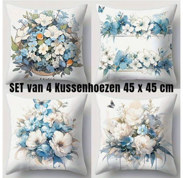 Allernieuwste.nl® 4 Stuks Kussenhoezen Blauwe Bloemen - 45 x 45 cm