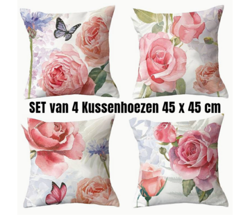 Allernieuwste.nl® 4 Stuks Kussenhoezen Rode Bloemen - 45 x 45 cm