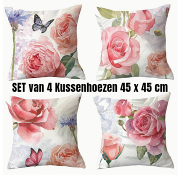 Allernieuwste.nl® 4 Stuks Kussenhoezen Rode Bloemen - 45 x 45 cm